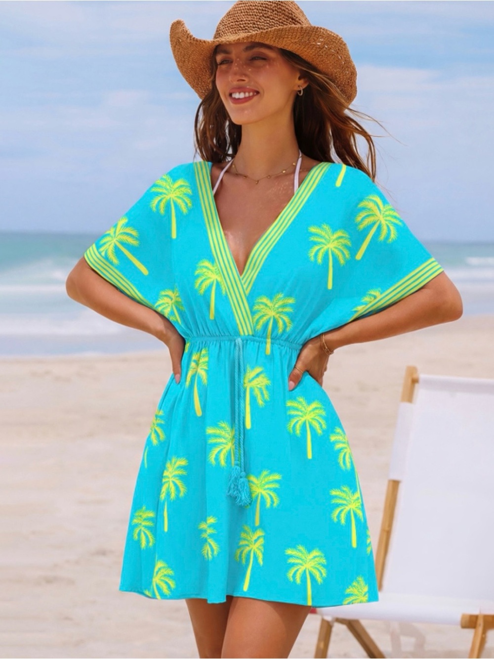 Turquoise Palm Print Beach Cover-Up